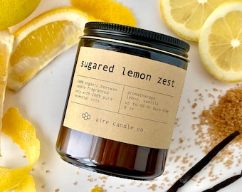 Sugared Lemon Zest Beeswax Candle | 100% Pure Beeswax & Essential Oils - Lemon, Vanilla | All Natural Aromatherapy Candle | Summer Candle