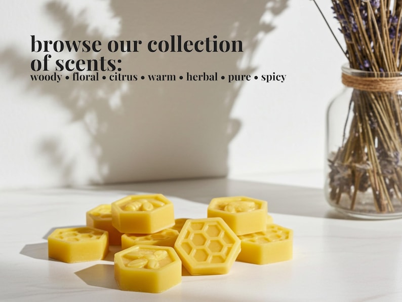 May include: A collection of yellow, hexagonal beeswax melts with embossed honeycomb and bee patterns. The text reads: browse our collection of scents: woody &bull; floral &bull; citrus &bull; warm &bull; herbal &bull; pure &bull; spicy. A glass vase with dried lavender is nearby.