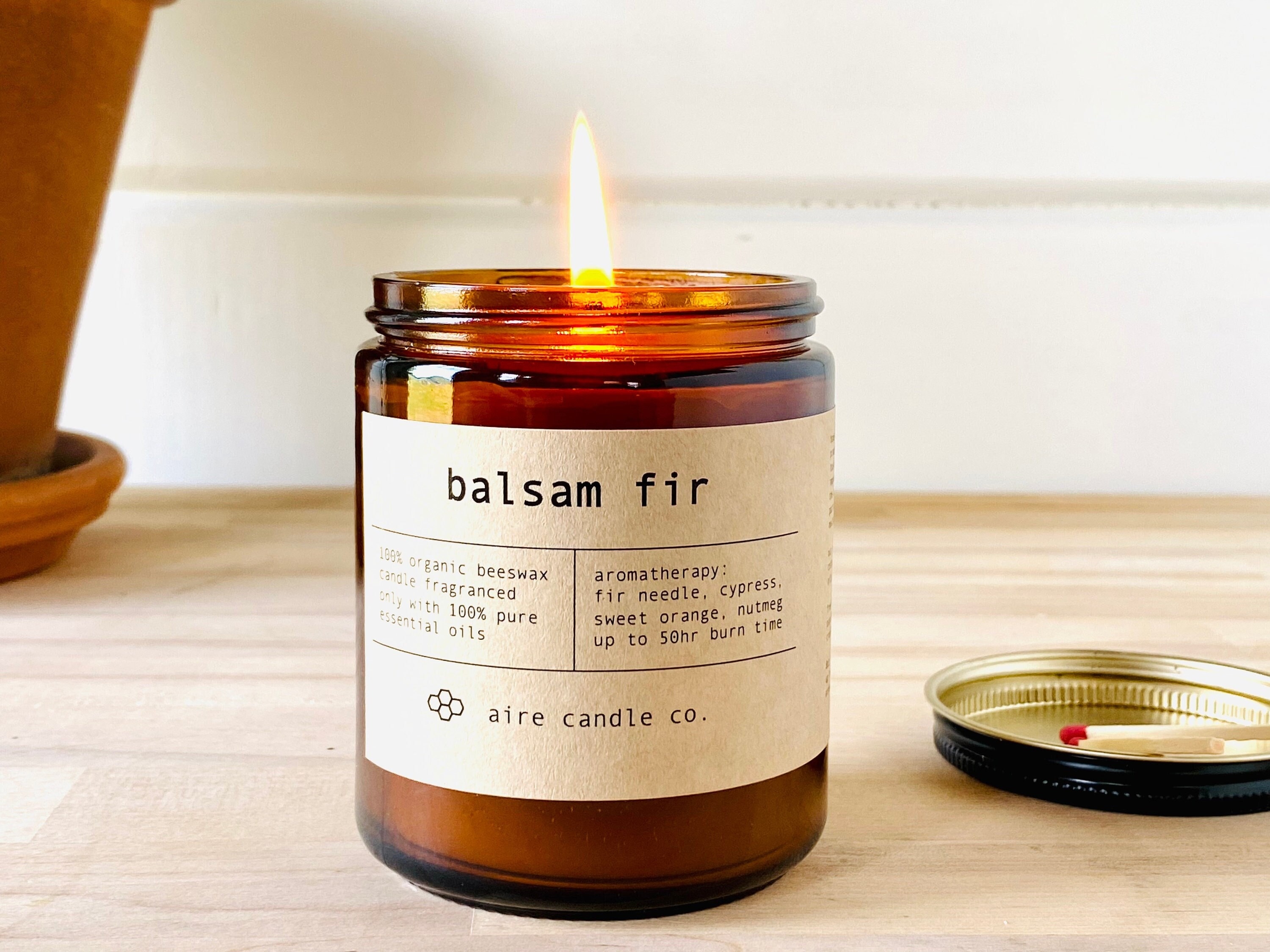 Balsam Fir Beeswax Candle 100% Pure Beeswax & Essential Oils Fir Needle,  Pine, Cypress, Cedarwood Handmade by Aire Candle Co. 