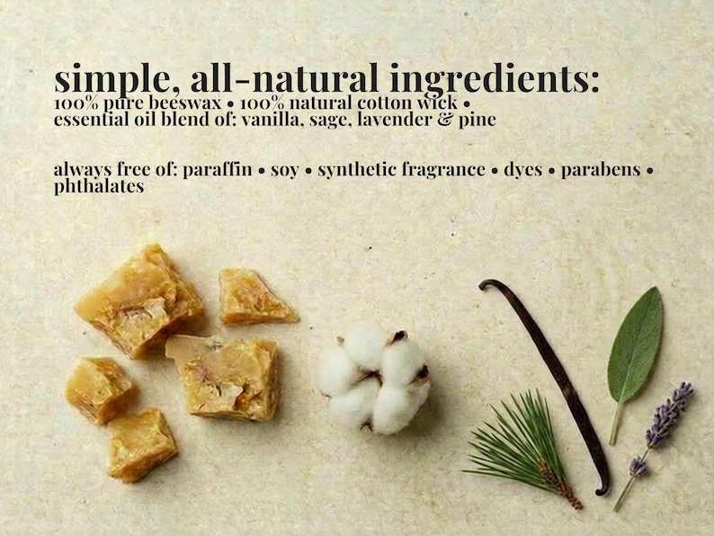May include: A collection of raw beeswax chunks, a cotton boll, a vanilla bean, a sage leaf, a pine sprig, and a lavender sprig. Text reads: simple, all-natural ingredients: 100% pure beeswax, 100% natural cotton wick, essential oil blend of: vanilla, sage, lavender & pine. always free of: paraffin, soy, synthetic fragrance, dyes, parabens, phthalates.
