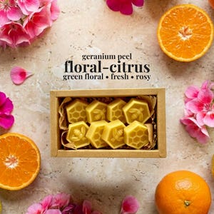 May include: A rectangular cardboard box containing eight yellow hexagonal wax melts, each embossed with bee or honeycomb patterns. The text above the box reads: geranium peel, floral-citrus, green floral, fresh, rosy. Surrounded by pink flowers and citrus fruits.