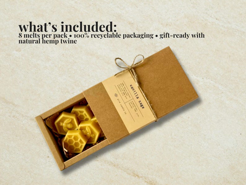 May include: A rectangular brown cardboard box containing yellow honeycomb-shaped wax melts. The packaging features a label reading vanilla sage and is tied with natural hemp twine. Text states: what's included: 8 melts per pack, 100% recyclable packaging, gift-ready with natural hemp twine.