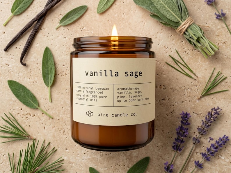 May include: A lit candle in an amber glass jar with a beige label reading vanilla sage, 100% natural beeswax, and aire candle co. The label lists aromatherapy ingredients including vanilla, sage, pine, and lavender with a 50hr burn time.