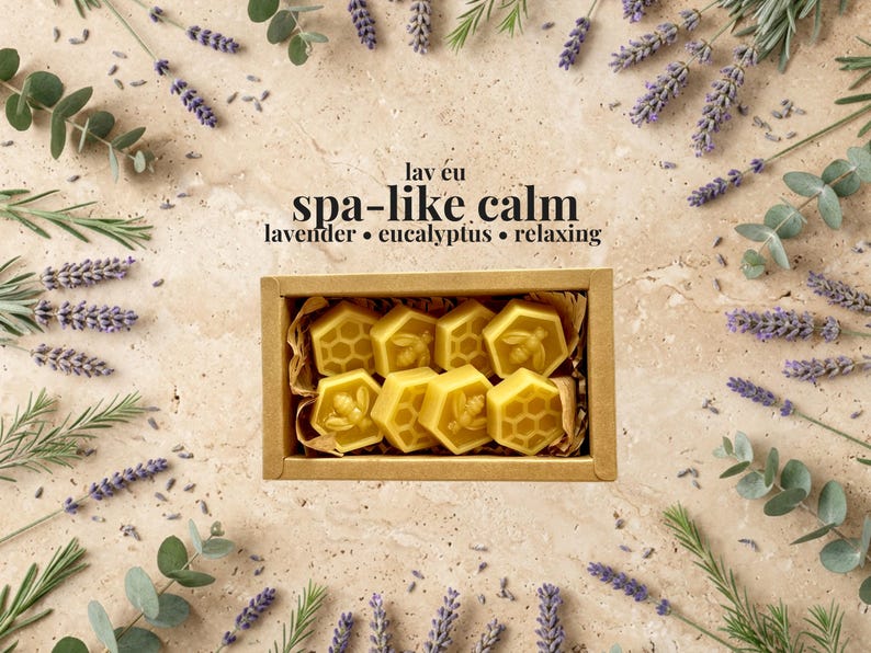 May include: A rectangular cardboard box containing eight yellow hexagonal wax melts, each featuring embossed bee or honeycomb patterns. The text "lav eu spa-like calm lavender &bull; eucalyptus &bull; relaxing" is printed in black above the box.