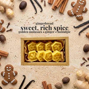 May include: A rectangular cardboard box containing eight yellow hexagonal wax melts with bee and honeycomb patterns. The text reads: gingerbread, sweet, rich spice, golden molasses, ginger, nostalgic. Surrounded by gingerbread cookies, cinnamon sticks, and spices.