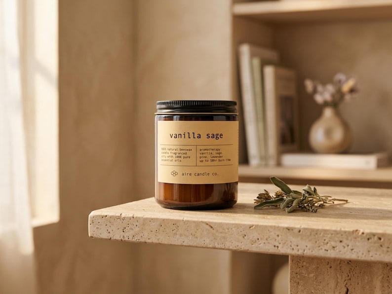 May include: A brown glass candle jar with a black lid and a beige label featuring the text vanilla sage, 100% natural beeswax, aromatherapy, and aire candle co. The candle is positioned next to a small sprig of dried sage leaves on a stone surface.