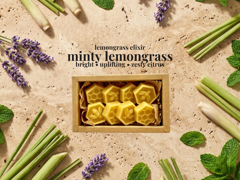May include: A rectangular cardboard box containing eight yellow hexagonal wax melts, each embossed with a bee or honeycomb pattern. The text "lemongrass elixir", "minty lemongrass", and "bright &bull; uplifting &bull; zesty citrus" is printed above the box.