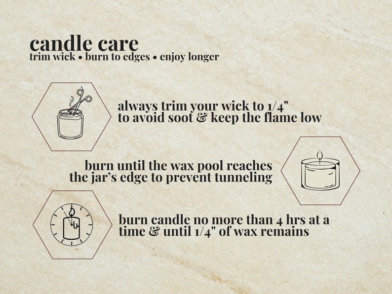 May include: An instructional graphic titled candle care with black text on a beige background. It features three hexagonal icons showing a wick being trimmed, a full wax pool, and a clock. Text includes instructions to trim wicks to 1/4 inch.