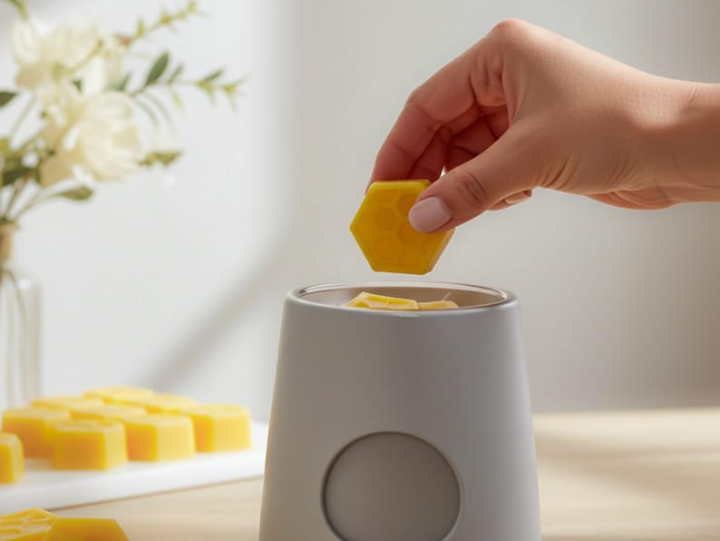 May include: A matte light gray ceramic wax warmer with a circular indentation on the front. A bright yellow hexagonal wax melt with a honeycomb pattern is being placed into the top basin, which contains additional yellow wax pieces.
