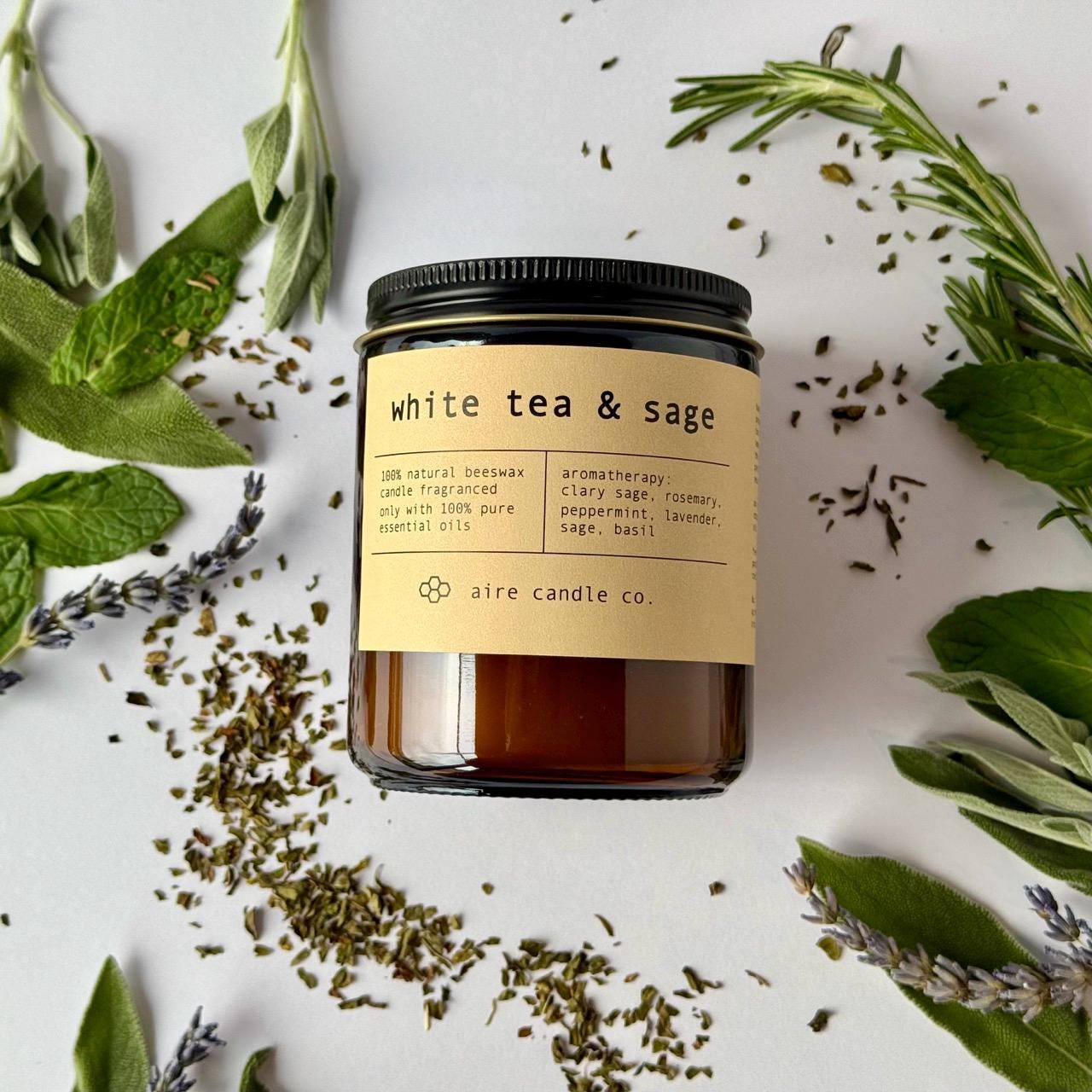 White Tea & Sage Beeswax Candle | 100% Pure Beeswax Scented Only with Pure Essential Oils | All Natural Non-Toxic Clean-Burning Candle