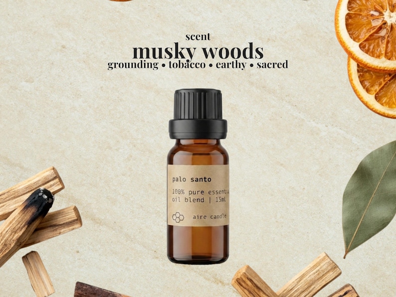 May include: A 15ml amber glass bottle of essential oil with a black cap and a tan label reading palo santo 100% pure essential oil blend 15ml aire candle. Above the bottle, text reads scent musky woods grounding tobacco earthy sacred.