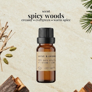 Pu&ograve; includere: Un flacone in vetro ambrato da 15 ml di olio essenziale con tappo nero ed etichetta color cuoio con la scritta santal & cardamom 100% pure essential oil blend | 15ml aire candle. Il testo sopra riporta scent spicy woods creamy &bull; evergreen &bull; warm spice.