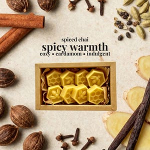May include: A rectangular cardboard box containing eight yellow hexagonal wax melts, each embossed with a bee or honeycomb pattern. The text reads: spiced chai, spicy warmth, cozy, cardamom, indulgent. Surrounded by cinnamon sticks, cardamom pods, cloves, and ginger.