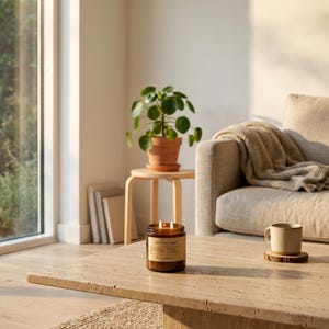 May include: A brown glass jar candle with two lit wicks and a beige label reading vanilla sage, placed on a textured stone coffee table. The candle features a cylindrical shape and a dark amber hue, reflecting warm light from the flames.
