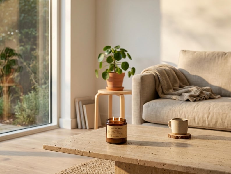 May include: A brown glass jar candle with two lit wicks and a beige label reading vanilla sage, placed on a textured stone coffee table. The candle features a cylindrical shape and a dark amber hue, reflecting warm light from the flames.