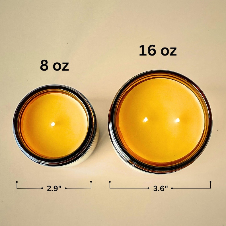 This image shows the different candle sizes and dimensions. the 8 oz candle diameter is 2.9 inches and the 16 oz candle diameter is 3.6 inches.