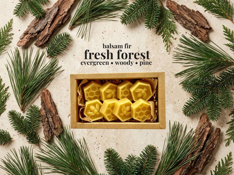 May include: A rectangular cardboard box containing eight yellow hexagonal wax melts, each embossed with a bee or honeycomb pattern. The text above the box reads: balsam fir, fresh forest, evergreen, woody, pine.