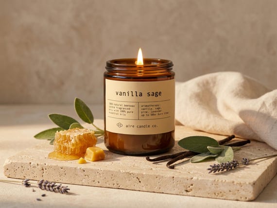 Vanilla Sage Beeswax Candle: Essential Oil Scented, Non-Toxic, All Natural