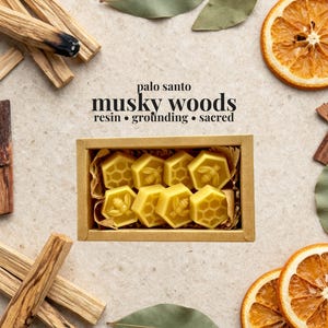 May include: A rectangular cardboard box containing eight yellow beeswax melts shaped like hexagons, featuring bee and honeycomb patterns. The text reads: palo santo musky woods resin &bull; grounding &bull; sacred. Surrounding the box are palo santo sticks, dried orange slices, and green leaves.