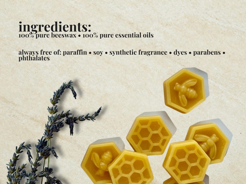 May include: Yellow beeswax honeycomb-shaped wax melts with bee motifs and a sprig of dried lavender. Text reads: ingredients: 100% pure beeswax, 100% pure essential oils, always free of: paraffin, soy, synthetic fragrance, dyes, parabens, phthalates.
