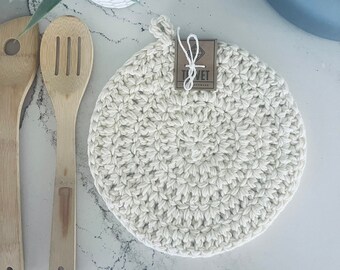 cream round cotton crochet farmhouse trivet, off white rustic hot pad, modern pot holder, kitchen decor, heat resistant mat, large coaster