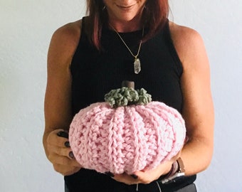 Pink farmhouse pumpkin, breast cancer awareness gift, pink rustic pumpkin, fall nursery decor, fall boho decor, plush pink yarn pumpkin,