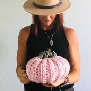 Pink farmhouse pumpkin, breast cancer awareness gift, pink rustic pumpkin, fall nursery decor, fall boho decor, plush pink yarn pumpkin,