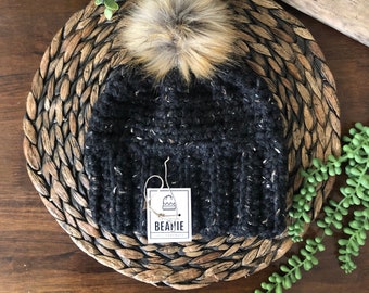 Black Winter Hat, Beanie with Fur Pom, handmade beanie, black beanie, ladies winter hat, winter toque, women's winter accessories, cozy hat