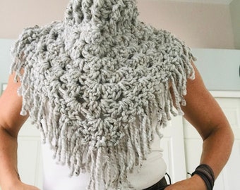 gray handmade scarf, women&#39;s winter scarf, crochet scarf, oversized scarf, gray fringe scarf, gray triangle scarf, knit scarf, boho scarf