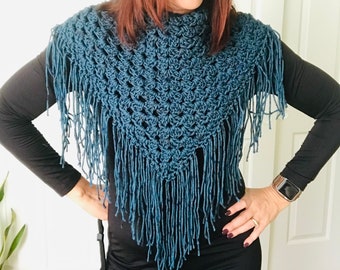Women&#39;s Teal Winter Scarf, bohemian style scarf, wrap scarf, crochet triangle scarf, scarf with fringe, handmade gift for her, cozy scarf