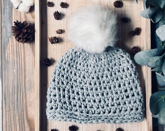 Grey Crochet beanie, Women's hat, handmade gift, ladies winter beanie, chunky winter hat, ski hat, big pom pom hat, women's crochet hat