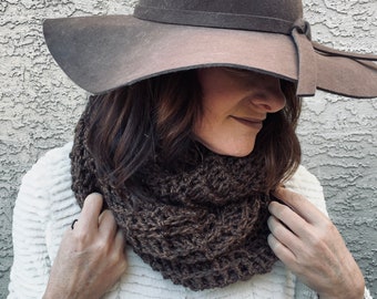 Brown oversized infinity long women's scarf, handmade boho crochet winter cowl, soft warm cozy classic scarf, boho circle neckwarmer