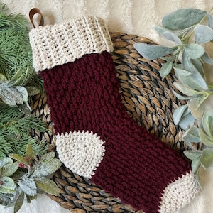 Red farmhouse Handmade Stocking, Rustic Christmas stocking, Christmas decor, handmade gift, crochet stocking, heirloom Christmas gift,
