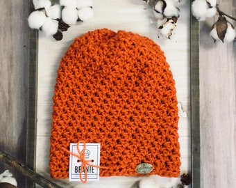 Handmade Orange Slouchy Halloween Beanie hat, gift for her, crochet winter hat, cozy fall beanie, winter accessories, minimalist beanie