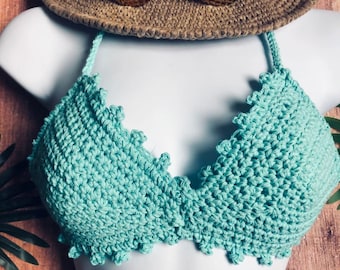 Teal Bikini top, handmade bikini top, cotton bikini top, festival top, crochet crop top, bralette bikini top, crochet swimwear, eco-friendly