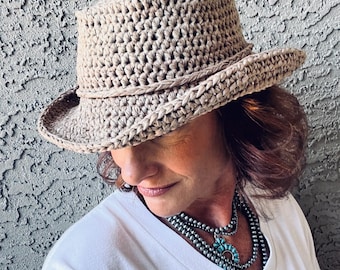 Handmade woven foldable bucket hat, breathable crochet vacation fedora, khaki neutral casual sun cap, tan beach hat, brown travel hat