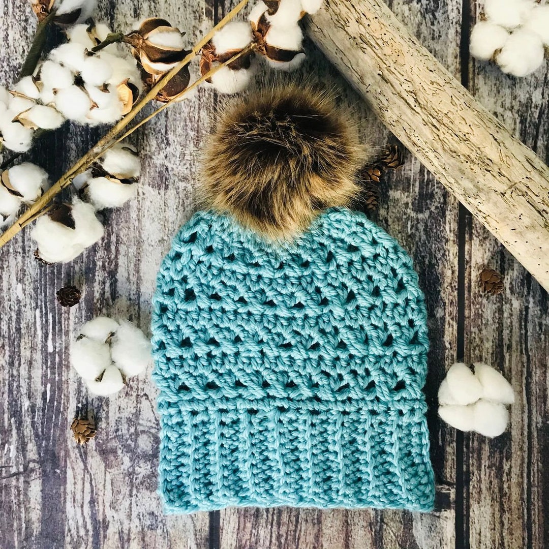 Cable Knit Crochet Beanie Hat Handcrafted With Faux Fur Pom Handmade Teal Teal winter wool handknit luxury beanie with pompom  main image 3