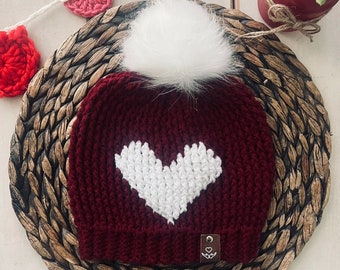Valentine's Beanie, valentine beanie hat, heart beanie, valentine heart beanie for her, valentines day hat, beanie with a heart, red hat