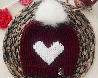 Valentine&#39;s Beanie, valentine beanie hat, heart beanie, valentine heart beanie for her, valentines day hat, beanie with a heart, red hat