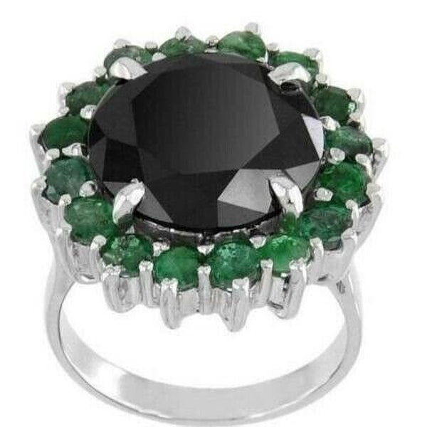 5 Ct Black Diamond Ring Around With Green Accents Flower Design Quality AAA Certified ! Birthday Gift, Stackable Ring