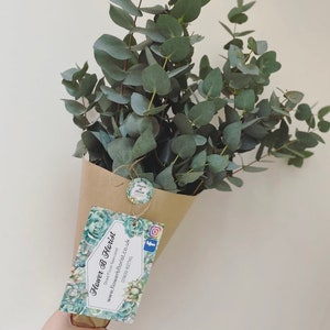 Puede incluir: Un ramo de hojas frescas de eucalipto en un cono de papel marr&oacute;n. Las hojas son de color verde apagado. Una etiqueta con el texto "Flower B Florist" est&aacute; adjunta al ramo.