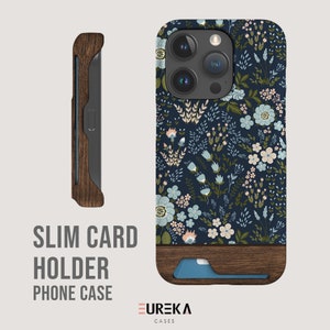 Navy Bloom Card Holder Case | For iPhone 15, iPhone 15 Pro Max, iPhone 14, iPhone 13, Galaxy S22 Ultra, Galaxy S22 Plus, Galaxy S21