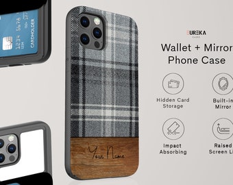 Grey Tartan WALLET + MIRROR Case | Available for Apple iPhone 12 Pro Max, 12 Pro, iPhone 12 Mini, iPhone 11 Pro Max, 11 Pro, SE, SE2