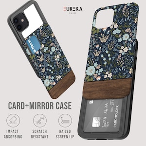 Navy Bloom WALLET + MIRROR Case | Available for Apple iPhone 12 Pro Max, 12 Pro, iPhone 12 Mini, iPhone 11 Pro Max, 11 Pro, SE, SE2