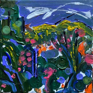 May include: Abstract painting with a purple background and a variety of colors including green, yellow, blue, pink, and orange. The painting has a textured look and appears to be made with thick paint.