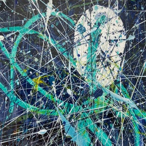 May include: Abstract painting with a white circle in the centre, surrounded by a web of white, blue, and green lines. The background is a dark blue colour.