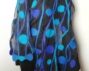 Silk scarf ladies handmade felt scarf nuno felt blue turquoise black gift ideas for women merino wool