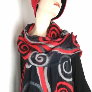 Women's Silk Scarf Felt Scarf Red Grey Merino Wool Nuno Felt Scarf Long Scarf Stole Handmade Cloth Gift Ideas for Women