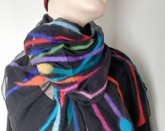 Seidenschal Schilf Dekor Regenbogenfarben Damenschal  Nunofilzschal Merinowolle Seide Handgemachtes Tuch Stola Geschenkideen für Frauen