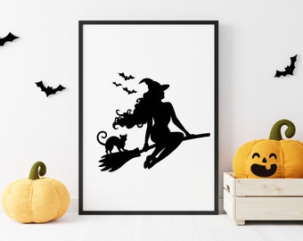 Witch Svg - Flying Witch Silhouette - Witch With Cat Svg - Witch and Bats Svg - Halloween - Clipart - Svg - Cut Files - Decal - Digital